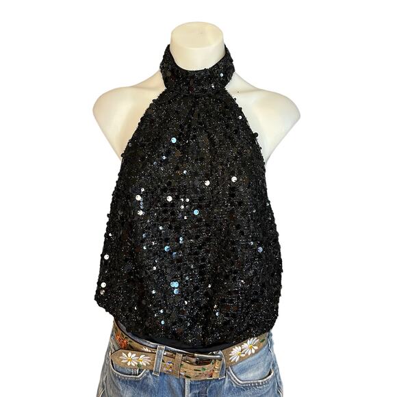 NBD Black Sequin Halter Top Bodysuit LARGE Cocktail Backless Revolve $148 NEW - Picture 1 of 6